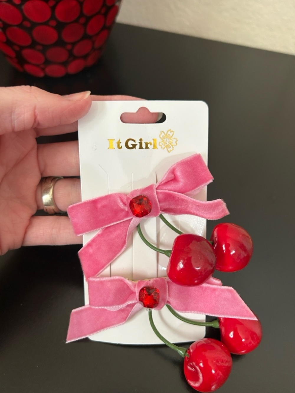 It Girl Cherry Hair Clips with Pink Velvet Ribbon Bow - 2 Barrettes - Picture 2 of 9
